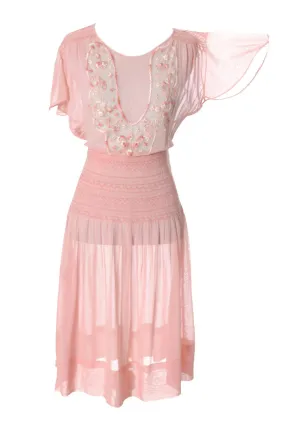 1920s Pink Vintage Dress in Cotton Voile w Floral Embroidery