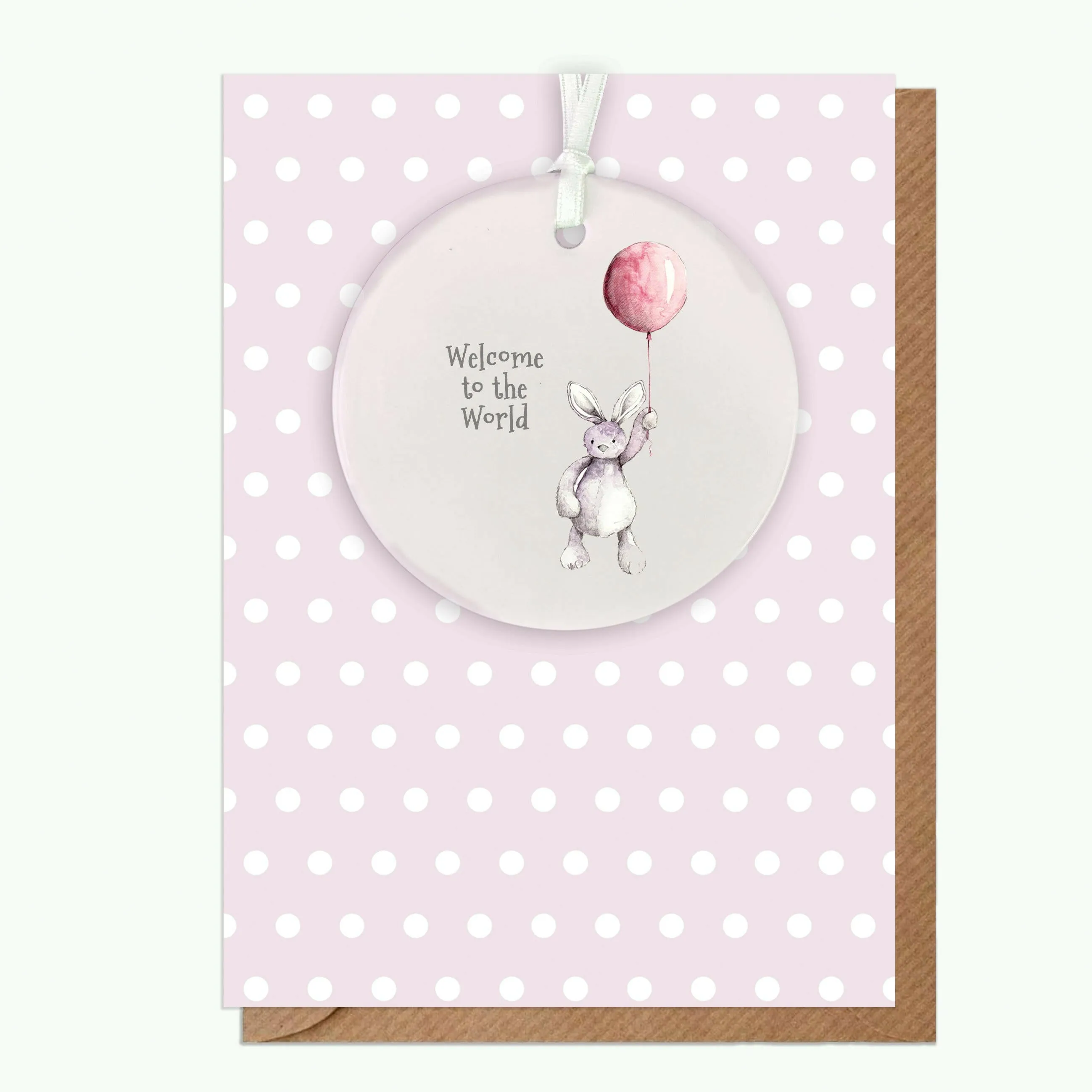 A6 Greeting Card with Ceramic Keepsake - Baby Girl Teddy and Balloon