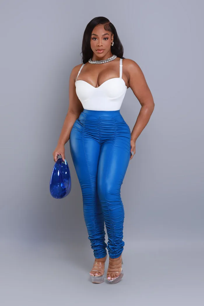 Be Honest Ruched High Waist Pants - Royal Blue Faux Leather Leggings