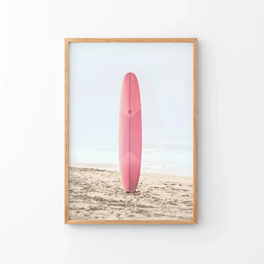 Pink Surfboard on a Sandy Beach Print. California Summer