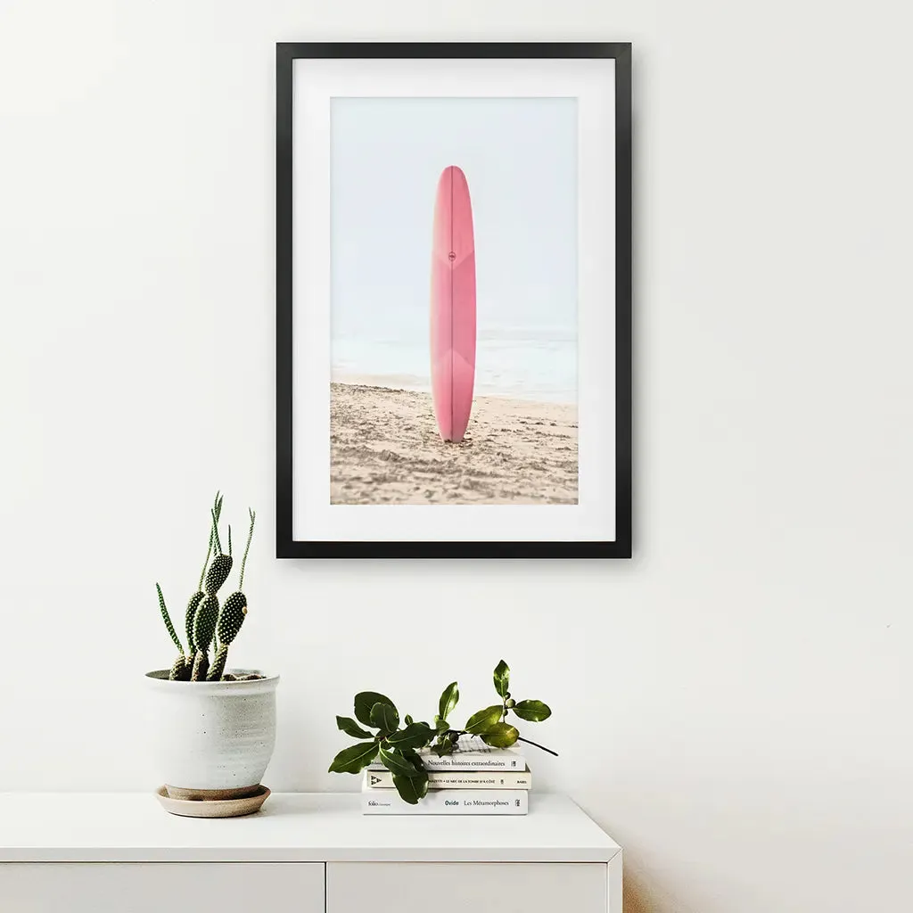 Pink Surfboard on a Sandy Beach Print. California Summer