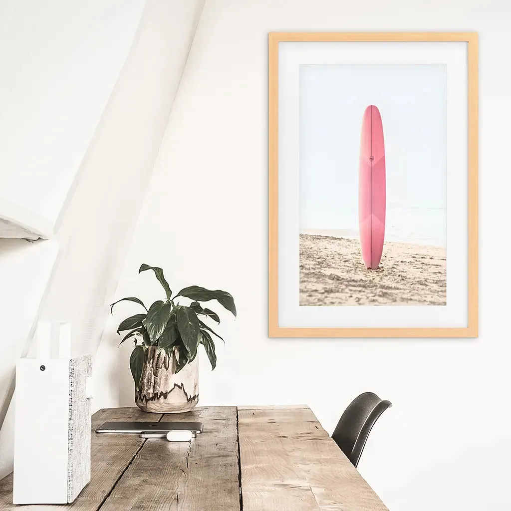 Pink Surfboard on a Sandy Beach Print. California Summer