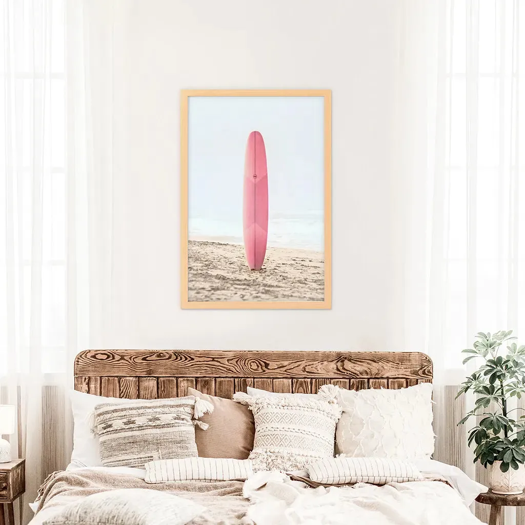 Pink Surfboard on a Sandy Beach Print. California Summer