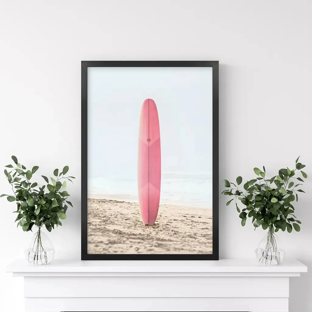 Pink Surfboard on a Sandy Beach Print. California Summer