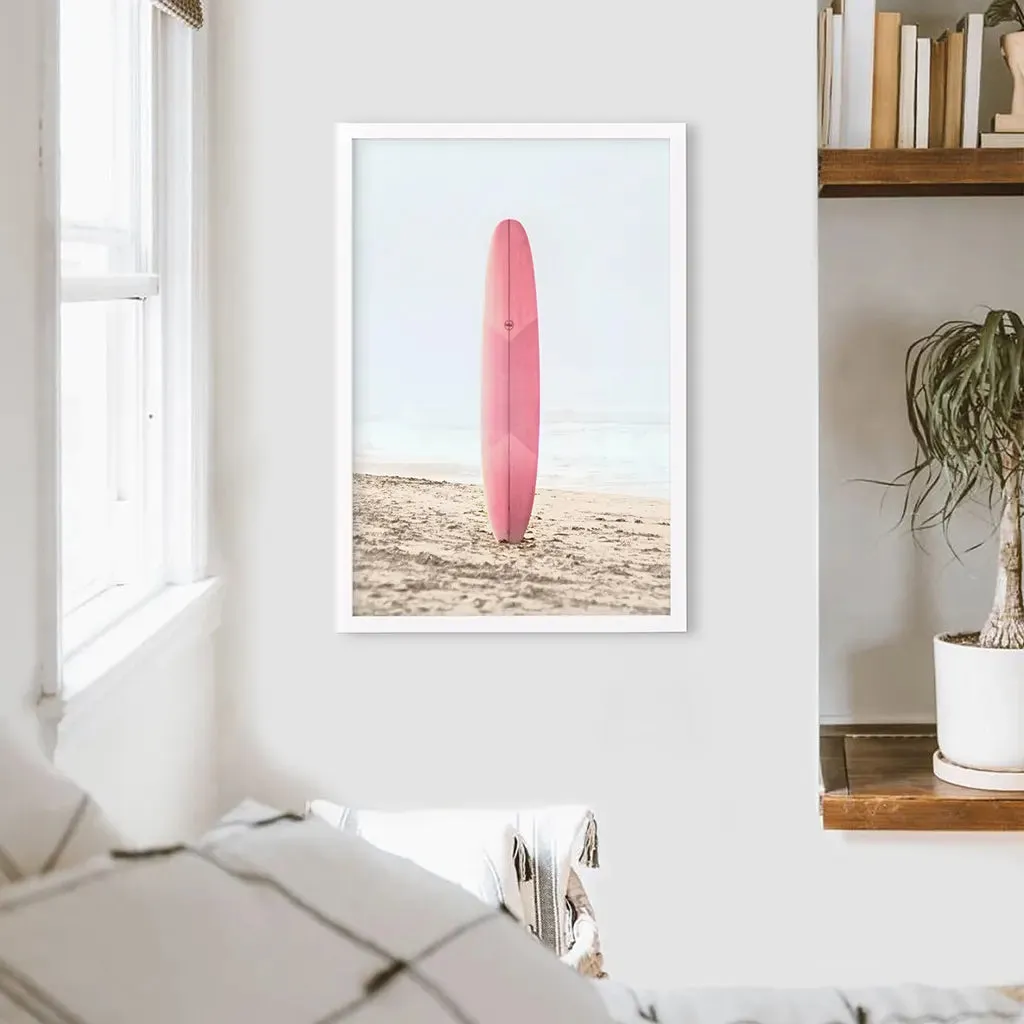 Pink Surfboard on a Sandy Beach Print. California Summer