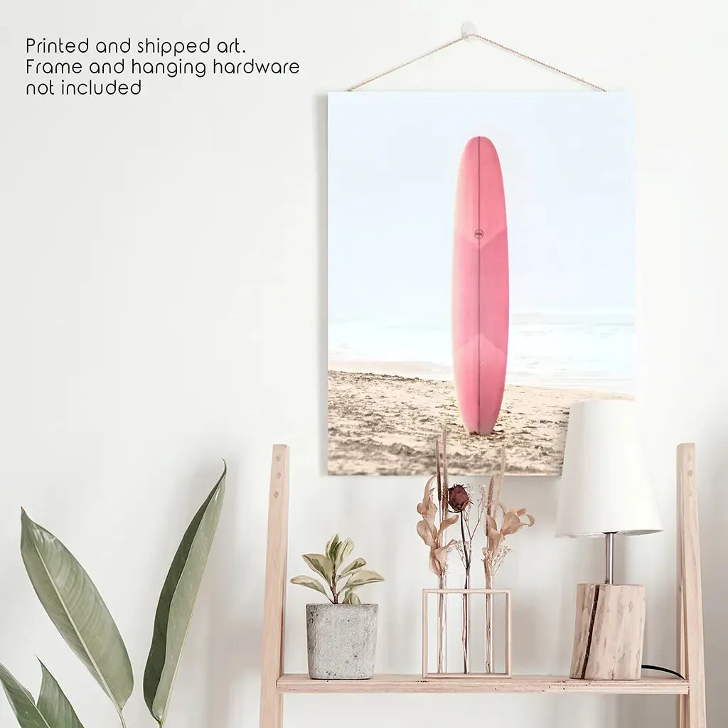 Pink Surfboard on a Sandy Beach Print. California Summer