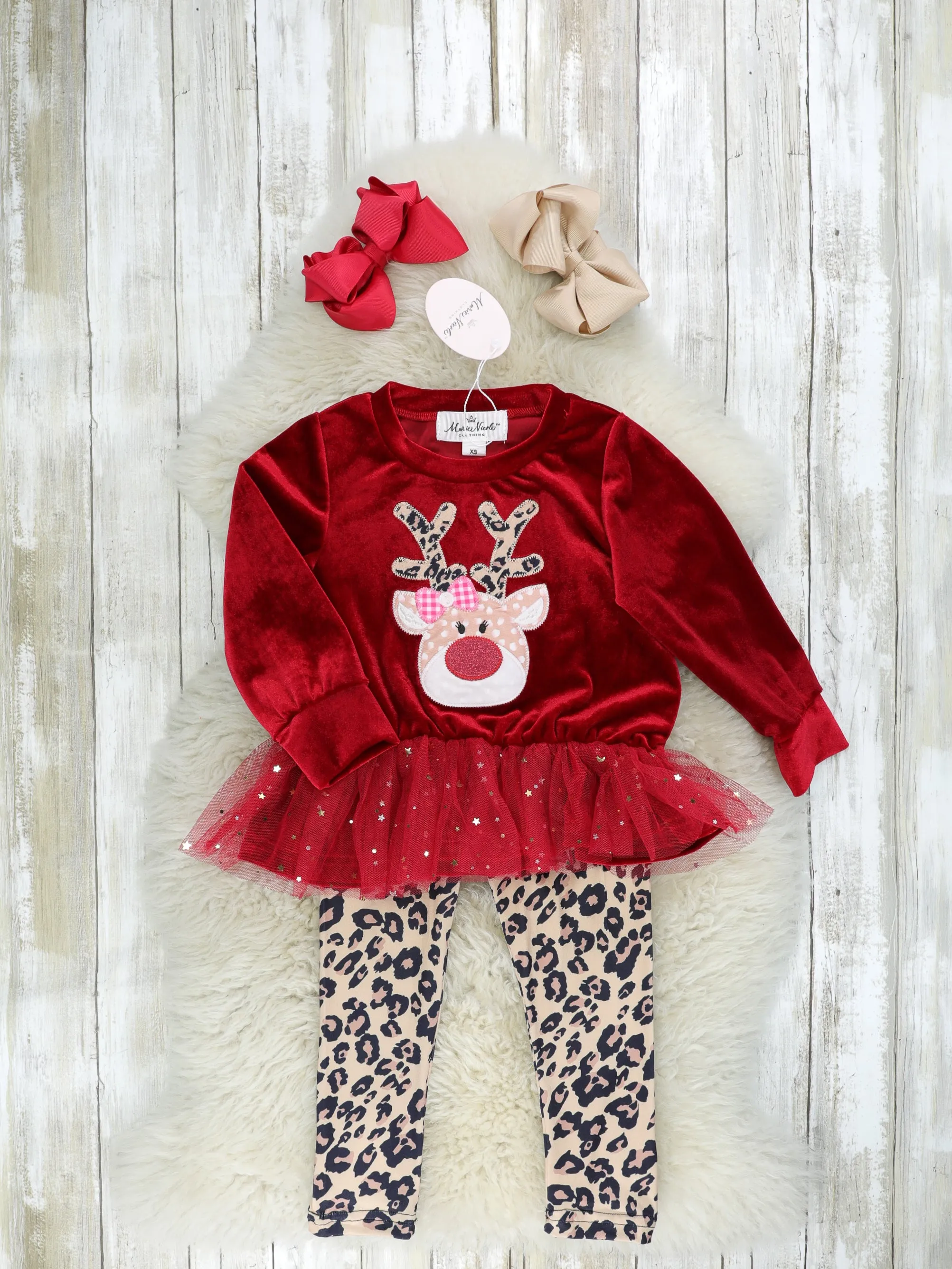 Red Sparkly Reindeer Tulle Leopard Outfit