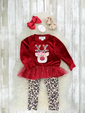 Red Sparkly Reindeer Tulle Leopard Outfit