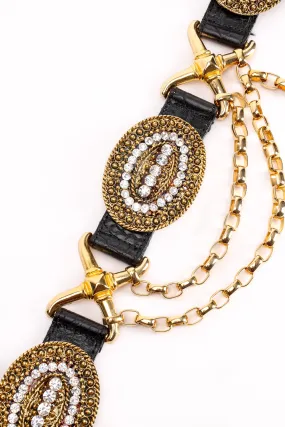 Rhinestone Medallion Draped Chain Leather Belt